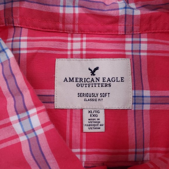 American Eagle Shirt Mens XL Salmon Plaid Seriously Soft Classic Fit Button Down - Picture 2 of 15